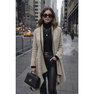 Wool Blend Waterfall Sequin Cardigan Open Front Cozy Luxe Neutral CabinCore Sz S